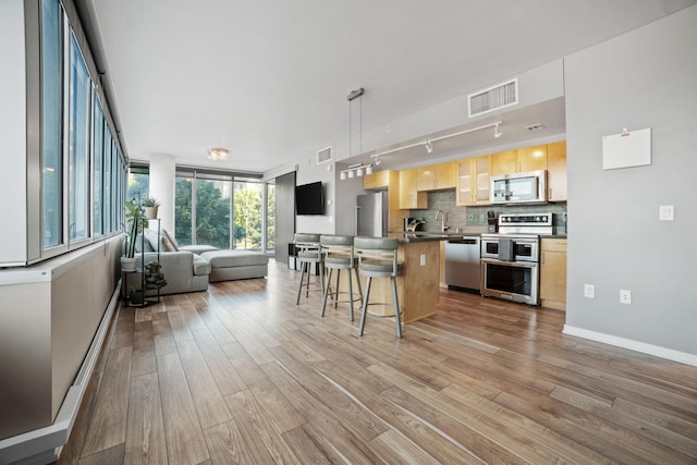 8151 33rd Ave S Unit 201, Bloomington, MN 55425 - kitchen featuring appliances with stainless steel finishes, open floor plan, light wood-style floors, a kitchen breakfast bar, and rail lighting