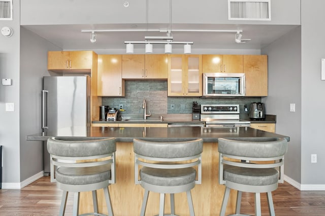 8151 33rd Ave S Unit 201, Bloomington, MN 55425 - kitchen with stainless steel appliances, tasteful backsplash, wood finished floors, and dark countertops
