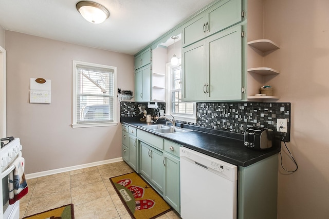 2074 Mcknight Rd N, North Saint Paul, MN 55109 - kitchen featuring white appliances, open shelves, green cabinets, and healthy amount of natural light