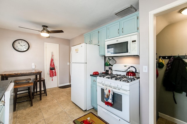 2074 Mcknight Rd N, North Saint Paul, MN 55109 - kitchen featuring white appliances, blue cabinets, a ceiling fan, dark countertops, and light tile patterned flooring