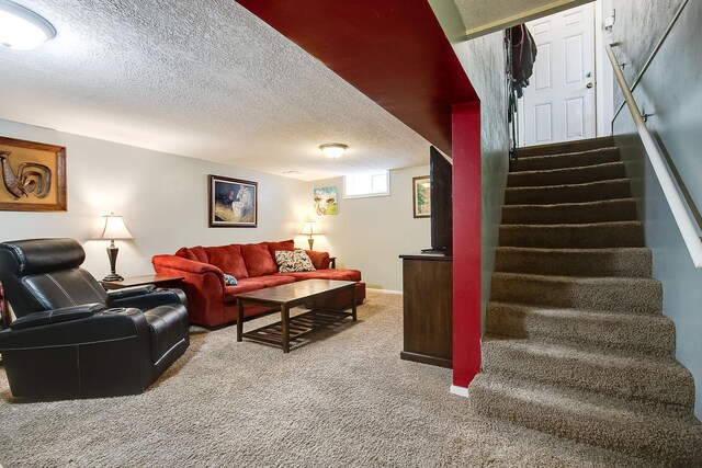 2074 Mcknight Rd N, North Saint Paul, MN 55109 - living room featuring carpet flooring, stairs, and a textured ceiling