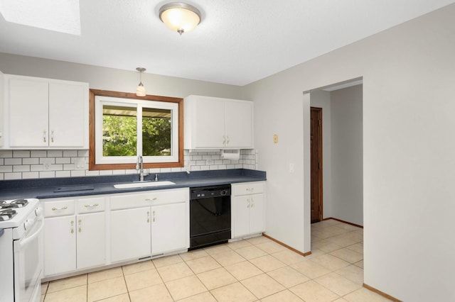 5698 Turtle Lake Rd, Shoreview, MN 55126 - kitchen with black dishwasher, dark countertops, white range with gas cooktop, decorative backsplash, and white cabinetry