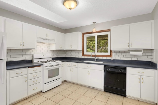 5698 Turtle Lake Rd, Shoreview, MN 55126 - kitchen featuring white appliances, under cabinet range hood, dark countertops, white cabinetry, and a textured ceiling