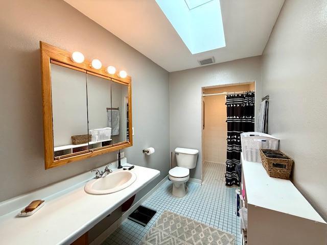 713 Grove St E, Caledonia, MN 55921 - full bath with a shower with curtain, a skylight, tile patterned floors, and vanity