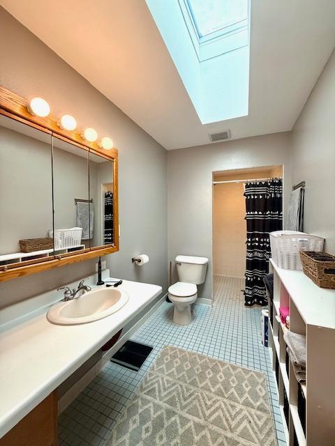 713 Grove St E, Caledonia, MN 55921 - bathroom featuring a skylight, tile patterned floors, curtained shower, and vanity