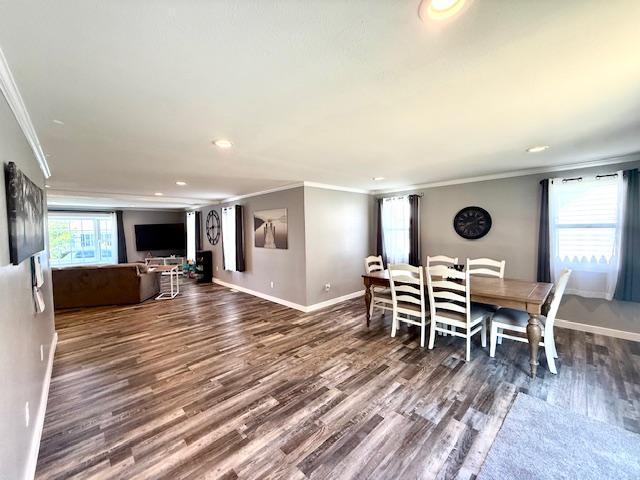 713 Grove St E, Caledonia, MN 55921 - dining area with ornamental molding, dark wood-style floors, and recessed lighting