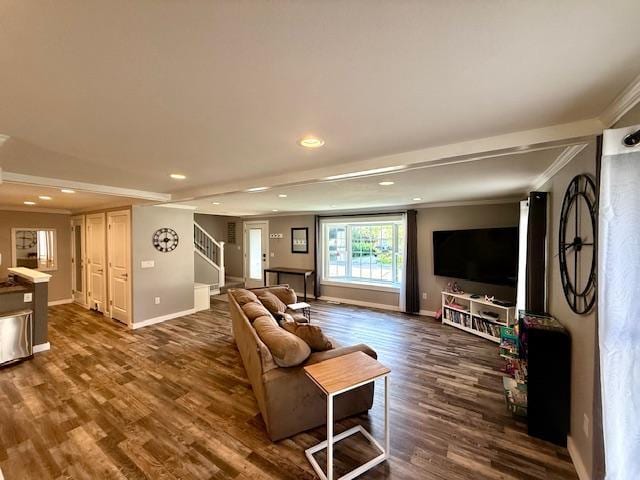 713 Grove St E, Caledonia, MN 55921 - living room featuring stairs, dark wood finished floors, crown molding, and recessed lighting