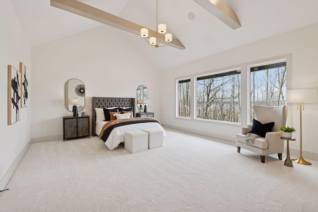6176 Broadview Ave, Credit River Twp, MN 55372 - bedroom with a chandelier, high vaulted ceiling, carpet floors, and beam ceiling