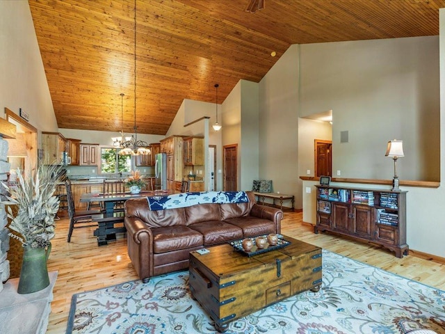 13598 Ox Cove Trl, Crosslake, MN 56442 - living area with high vaulted ceiling, light wood-type flooring, a chandelier, and wooden ceiling