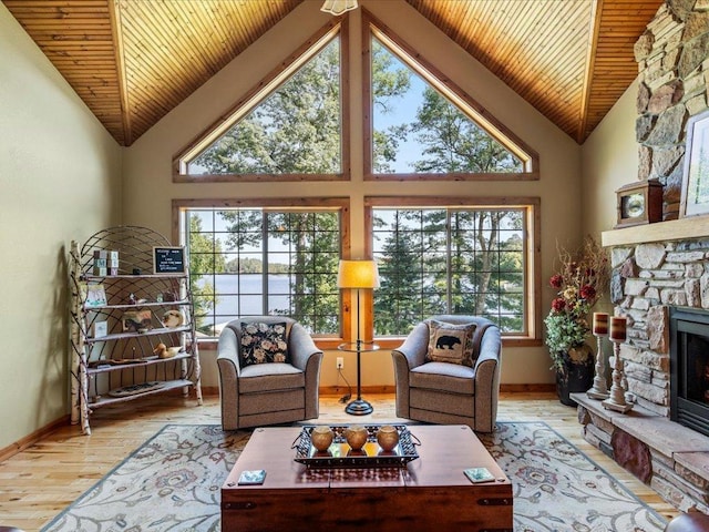 13598 Ox Cove Trl, Crosslake, MN 56442 - living room featuring wood ceiling, a water view, high vaulted ceiling, wood-type flooring, and healthy amount of natural light