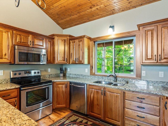 13598 Ox Cove Trl, Crosslake, MN 56442 - kitchen with stainless steel appliances, lofted ceiling, brown cabinets, wooden ceiling, and light stone countertops