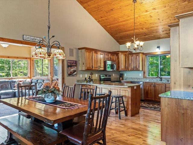 13598 Ox Cove Trl, Crosslake, MN 56442 - dining space featuring a chandelier, light wood-style floors, high vaulted ceiling, and wooden ceiling