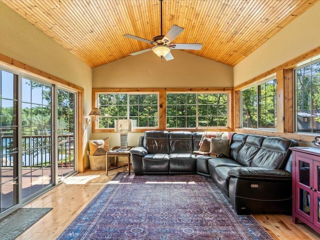 13598 Ox Cove Trl, Crosslake, MN 56442 - living room featuring light wood-type flooring, a ceiling fan, wooden ceiling, and high vaulted ceiling