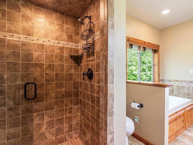 13598 Ox Cove Trl, Crosslake, MN 56442 - full bathroom featuring a stall shower, a garden tub, and recessed lighting