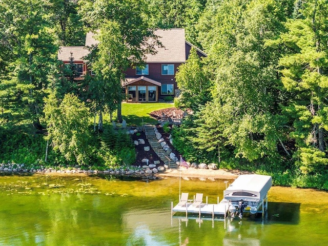 13598 Ox Cove Trl, Crosslake, MN 56442 - dock area featuring a water view, stairs, and boat lift