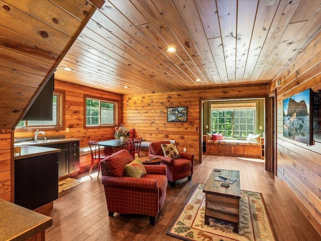 13598 Ox Cove Trl, Crosslake, MN 56442 - living room with wood ceiling, wooden walls, hardwood / wood-style flooring, and recessed lighting