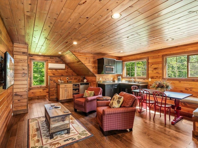 13598 Ox Cove Trl, Crosslake, MN 56442 - living room with wooden ceiling, wood walls, dark wood-type flooring, lofted ceiling, and a wall mounted air conditioner
