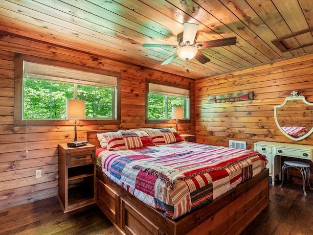13598 Ox Cove Trl, Crosslake, MN 56442 - bedroom featuring wood ceiling, dark wood-style flooring, and wood walls