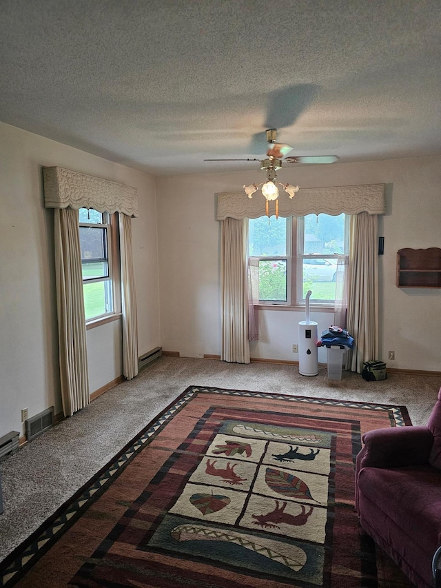 700 Hipple Ave, Henning, MN 56551 - living room featuring carpet floors, ceiling fan, and a textured ceiling
