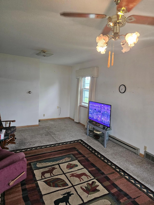 700 Hipple Ave, Henning, MN 56551 - unfurnished living room featuring carpet, ceiling fan, and a baseboard radiator