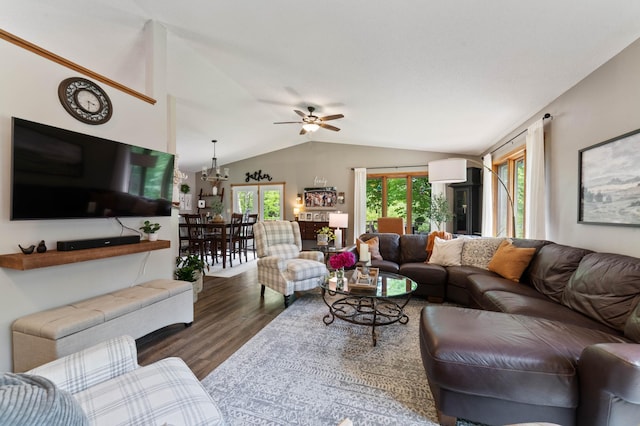 589 Seboe Rd, Wrenshall Twp, MN 55797 - living area with lofted ceiling, a ceiling fan, and wood finished floors
