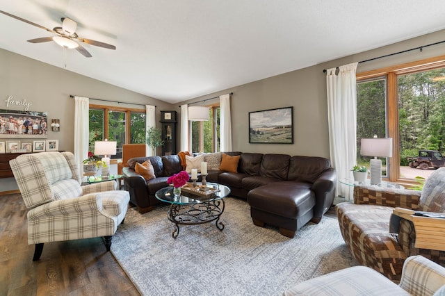 589 Seboe Rd, Wrenshall Twp, MN 55797 - living room featuring vaulted ceiling, wood finished floors, and ceiling fan