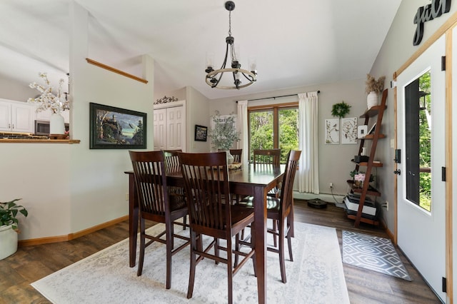 589 Seboe Rd, Wrenshall Twp, MN 55797 - dining space featuring a chandelier, lofted ceiling, and wood finished floors