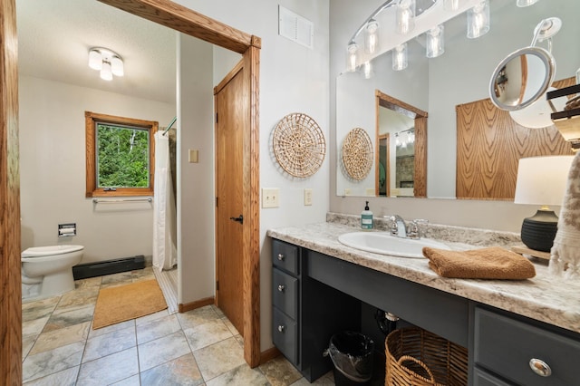 589 Seboe Rd, Wrenshall Twp, MN 55797 - full bathroom with vanity, a shower with curtain, and baseboard heating