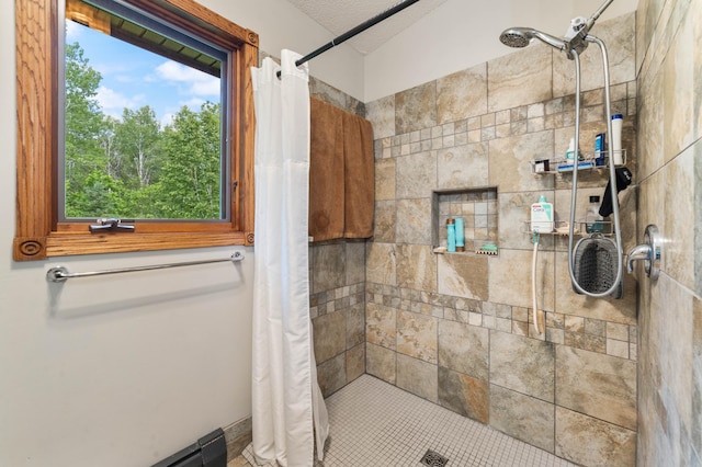 589 Seboe Rd, Wrenshall Twp, MN 55797 - full bath with tiled shower and a baseboard radiator