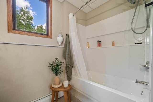589 Seboe Rd, Wrenshall Twp, MN 55797 - bathroom featuring shower / bath combination with curtain and a baseboard radiator