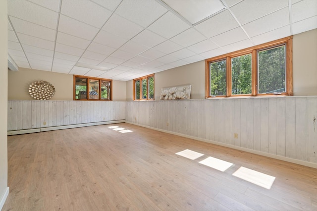 589 Seboe Rd, Wrenshall Twp, MN 55797 - unfurnished room featuring wood finished floors, a wainscoted wall, a drop ceiling, and wooden walls