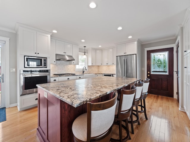 27842 Prairie Rose Rd, Elbow Lake, MN 56531 - kitchen featuring stainless steel appliances, ornamental molding, under cabinet range hood, light wood-type flooring, and white cabinetry