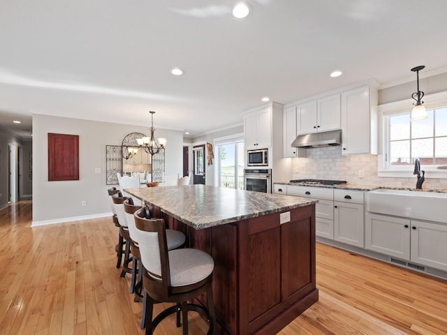27842 Prairie Rose Rd, Elbow Lake, MN 56531 - kitchen with stainless steel appliances, crown molding, under cabinet range hood, decorative backsplash, and a chandelier