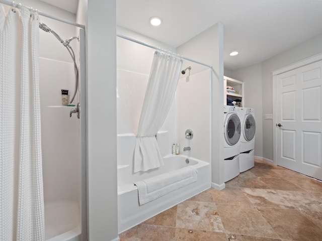 27842 Prairie Rose Rd, Elbow Lake, MN 56531 - full bathroom featuring washing machine and dryer, shower / bath combo with shower curtain, and stone finish flooring