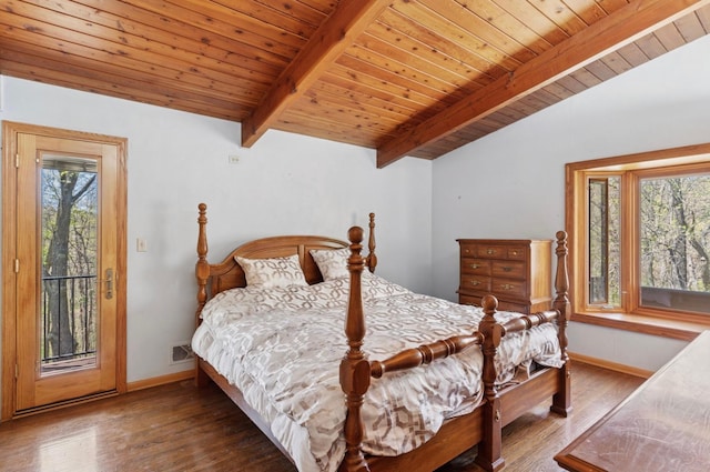 11 Eagle Ridge Rd, North Oaks, MN 55127 - bedroom featuring access to exterior, wood finished floors, multiple windows, and wood ceiling