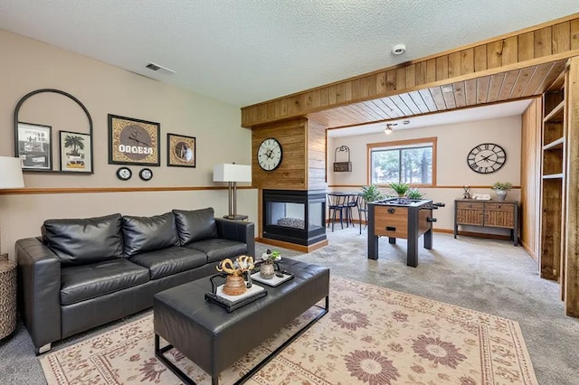 703 11th Ave SW, Isanti, MN 55040 - living area featuring carpet floors, a multi sided fireplace, and a textured ceiling