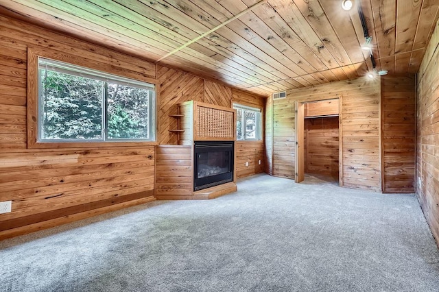 703 11th Ave SW, Isanti, MN 55040 - unfurnished living room featuring wood ceiling, wood walls, a glass covered fireplace, plenty of natural light, and carpet