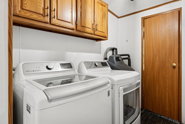 5070 10th St NW, Maple Lake, MN 55358 - washroom with cabinet space, washer and dryer, a textured ceiling, and crown molding