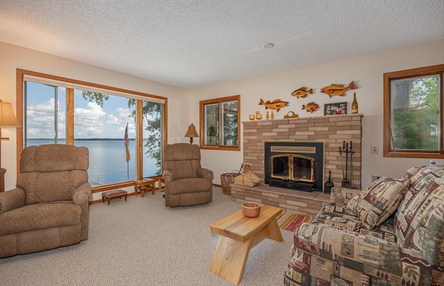 3925 Plainview Dr NW, Hackensack, MN 56452 - carpeted living room featuring a textured ceiling, a brick fireplace, plenty of natural light, and a water view