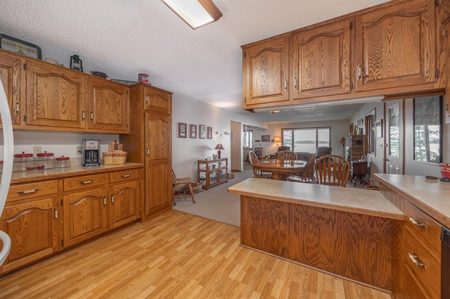 3925 Plainview Dr NW, Hackensack, MN 56452 - kitchen featuring brown cabinetry, light wood finished floors, light countertops, open floor plan, and a textured ceiling