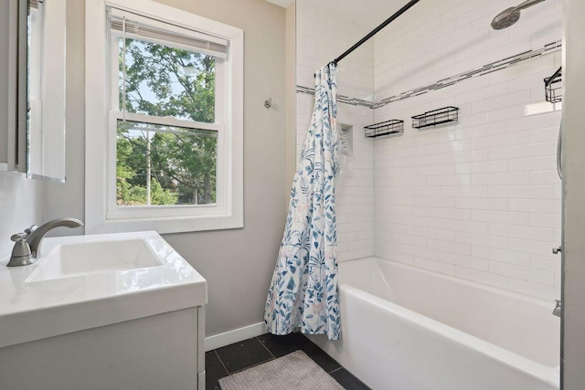 1535 Sherburne Ave, Saint Paul, MN 55104 - bathroom featuring tile patterned floors, vanity, and shower / bathtub combination with curtain