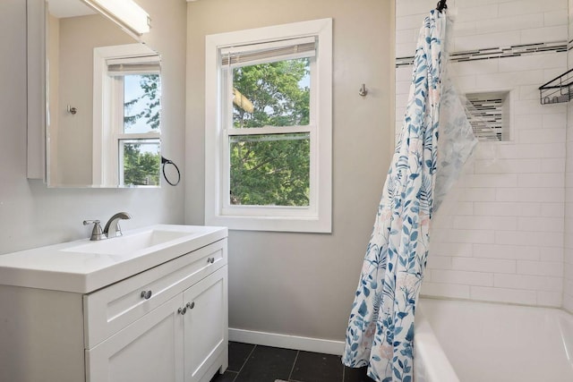 1535 Sherburne Ave, Saint Paul, MN 55104 - full bathroom with vanity, shower / tub combo, and tile patterned floors