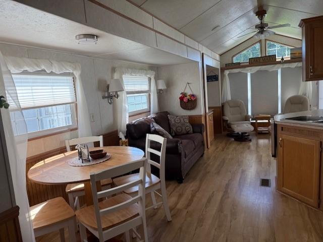5055 Lake Mary Dr SW Unit 18, Alexandria, MN 56308 - dining space with light wood-style floors, plenty of natural light, lofted ceiling, and a ceiling fan
