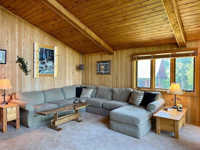 1938 Pine Cliff Rd NW, Walker, MN 56484 - living area featuring a wooden ceiling with exposed beams, wooden walls, and carpet