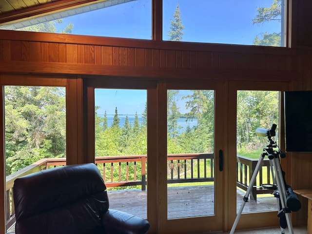 1938 Pine Cliff Rd NW, Walker, MN 56484 - doorway featuring a water view and lofted ceiling