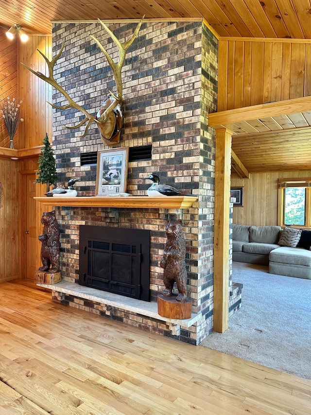 1938 Pine Cliff Rd NW, Walker, MN 56484 - living area with wooden walls, a fireplace, wooden ceiling, wood finished floors, and vaulted ceiling