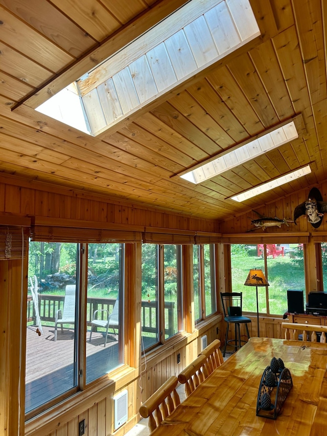 1938 Pine Cliff Rd NW, Walker, MN 56484 - dining area featuring a skylight, wooden ceiling, wooden walls, plenty of natural light, and lofted ceiling