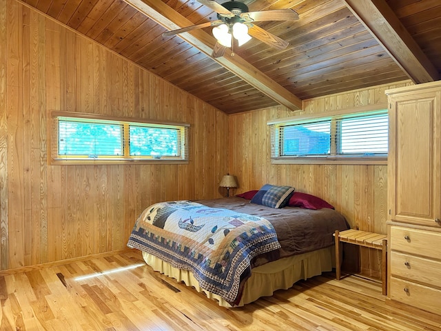 1938 Pine Cliff Rd NW, Walker, MN 56484 - bedroom with wooden ceiling, wood walls, light wood finished floors, and a ceiling fan