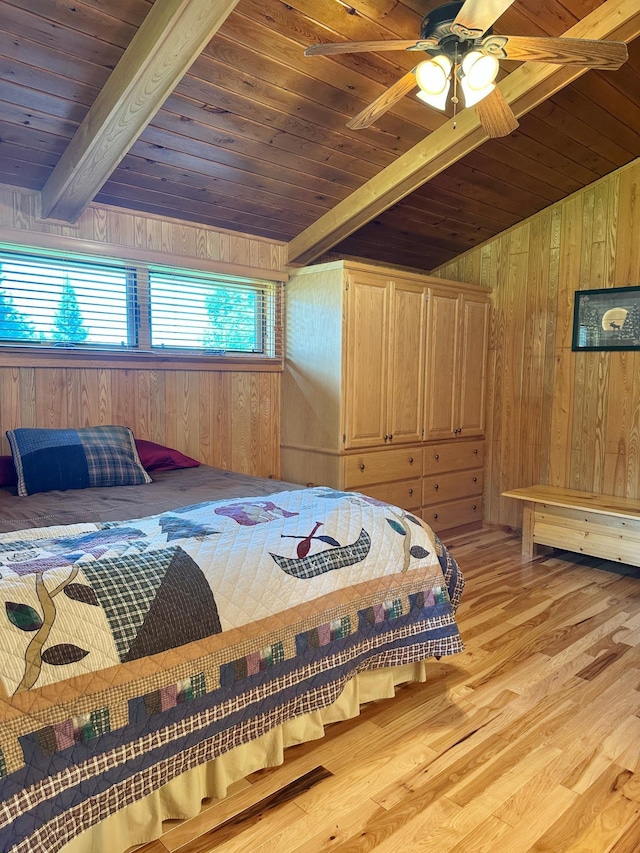 1938 Pine Cliff Rd NW, Walker, MN 56484 - bedroom with wooden ceiling, wooden walls, light wood-style flooring, and a ceiling fan