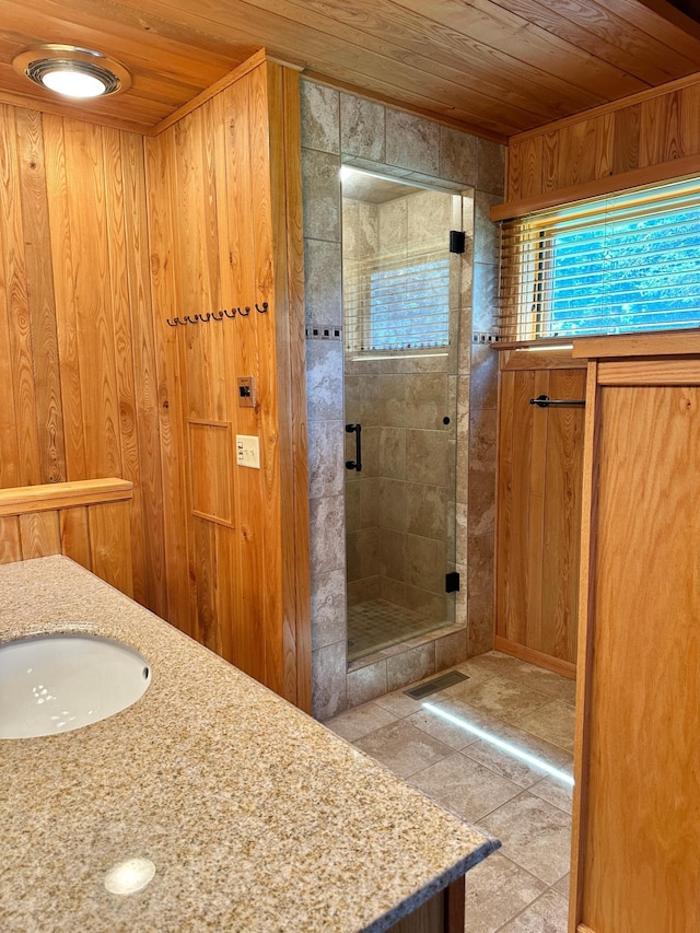 1938 Pine Cliff Rd NW, Walker, MN 56484 - bathroom featuring wood ceiling, a stall shower, and vanity